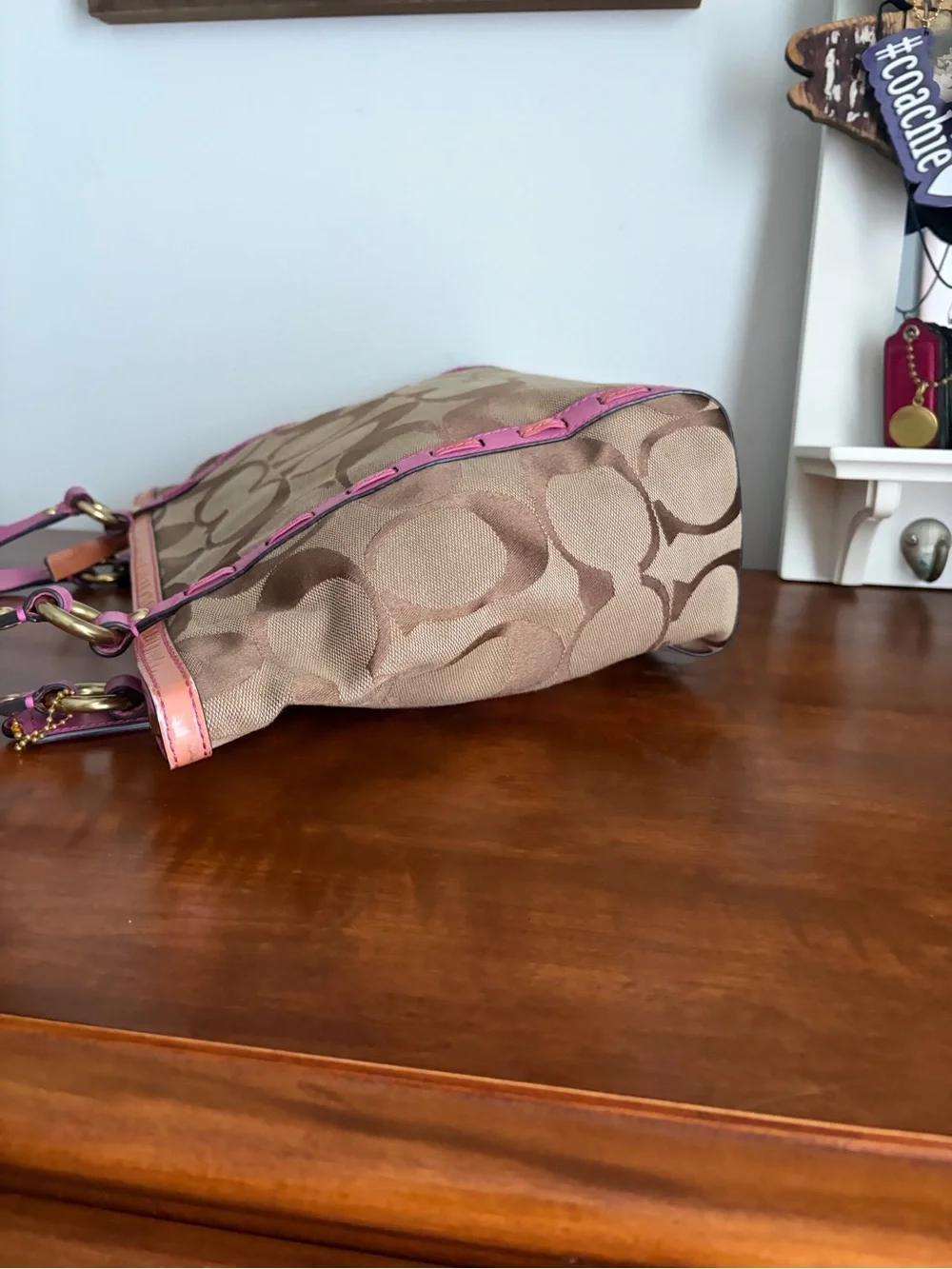 Coach Brown Signature Canvas Tote with Pink Trim Tattersall Lining *READ*
